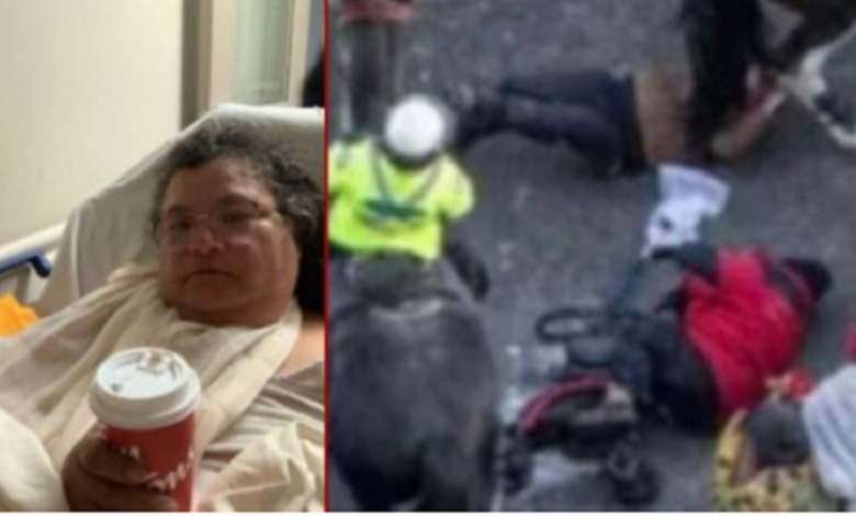 young man and elderly woman trampled